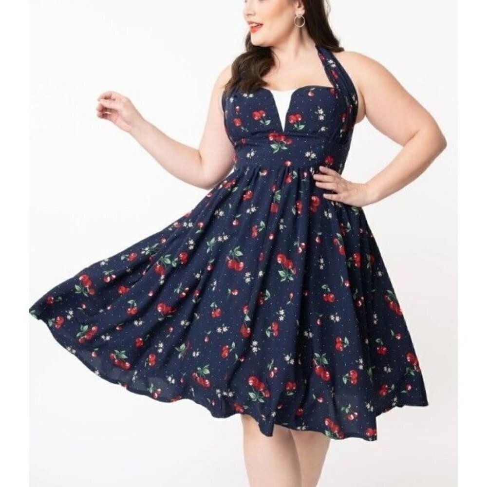 New Unique Vintage Sheila Blue Cherry Dress Womens M 6/8 Swing Pockets